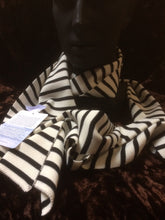 Load image into Gallery viewer, Duguay R adult striped scarf in cream/navy. Saint James 1x1 rib knit. 72&quot;x7.5&quot;