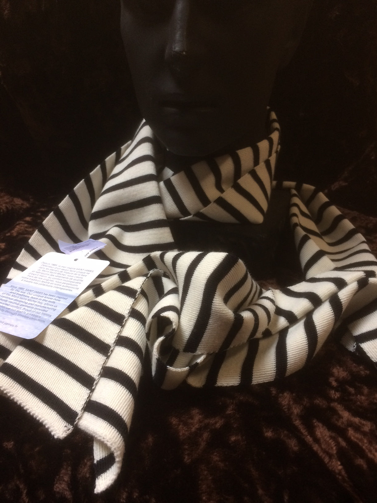 Duguay R adult striped scarf in cream/navy. Saint James 1x1 rib knit. 72