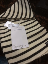 Load image into Gallery viewer, Duguay R adult striped scarf in cream/navy. Saint James 1x1 rib knit. 72&quot;x7.5&quot;