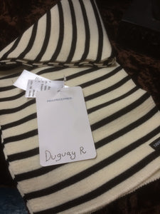 Duguay R adult striped scarf in cream/navy. Saint James 1x1 rib knit. 72"x7.5"