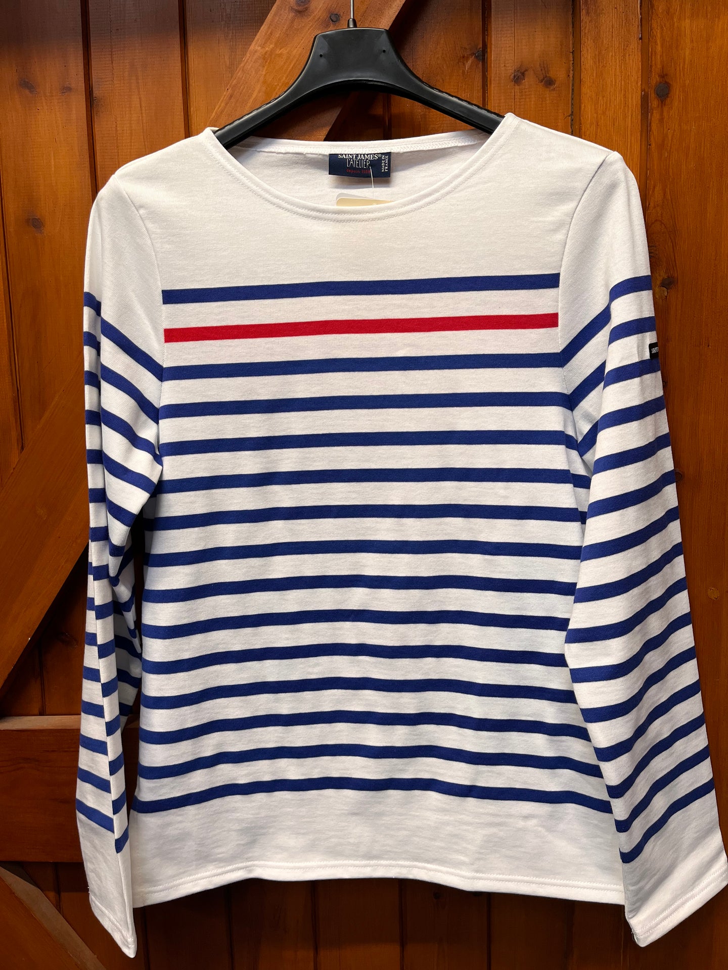 Naval Ray Rouge Breton Shirt (White & Blue) by Saint James with a red contrast stripe